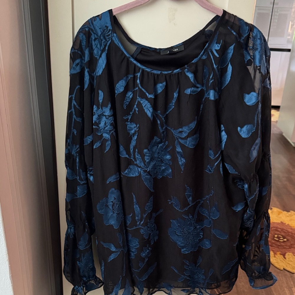 Alfani Black Sheer Blouse with Blue Floral Burnout